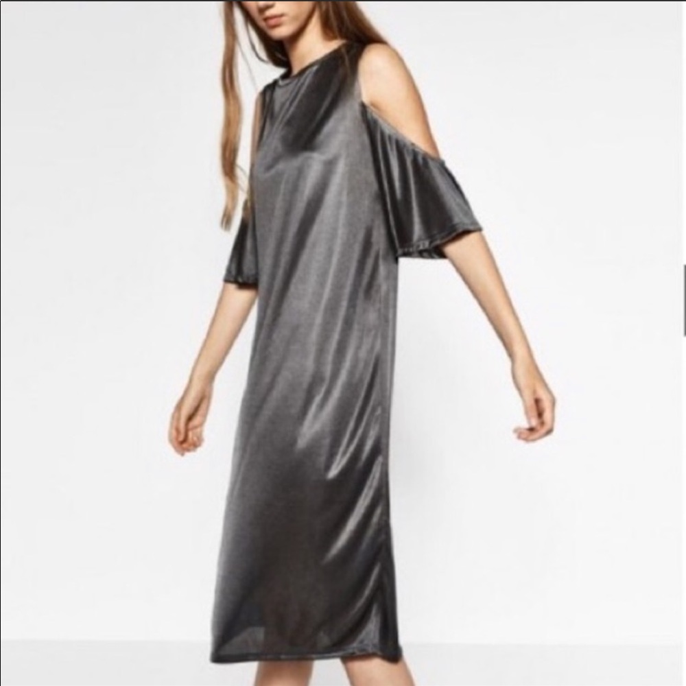 Zara gray satin cold shoulder midi dress